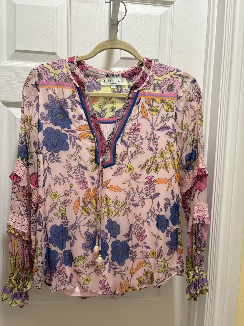 Hale Bob Pink Floral Tassel V-Neck Blouse with Blue & Yellow Accents lined